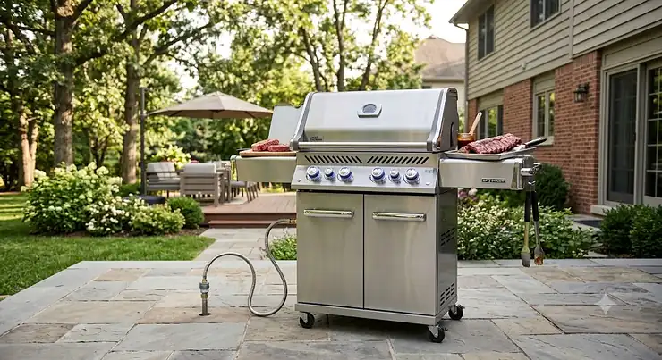 Freestanding stainless steel convertible natural gas grill setup on a backyard patio