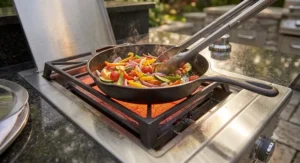 Cast iron skillet sauteing vegetables on a gas grill infrared side burner during a summer barbecue