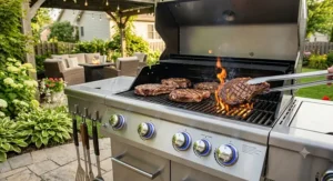 Grilling ribeye steaks over main grates on a 4 burner propane grill with lighted burners