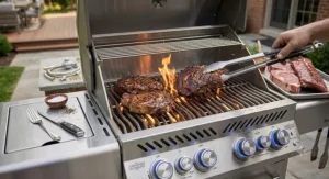 Searing steaks on heavy-duty stainless steel grates of a convertible natural gas grill