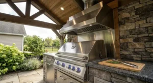 Covered patio outdoor kitchen with a heavy-duty built-in grill and stainless steel vent hood.