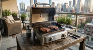 Searing steaks on a dual burner portable gas grill placed on an apartment patio table.