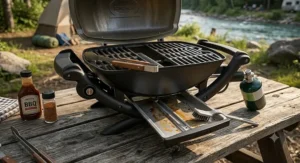 Removable grease drip tray pulled out from a portable gas grill for quick cleanup after grilling.