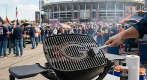 Close-up of a durable non-stick cast iron grate on a portable grill designed for easy tailgating cleanup