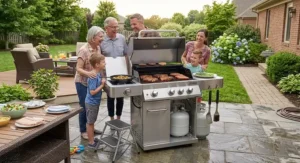 Family gathering in a backyard enjoying a BBQ cookout around a 3 burner gas grill with side burner