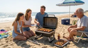 American family gathering around a portable propane grill for a coastal beach barbecue