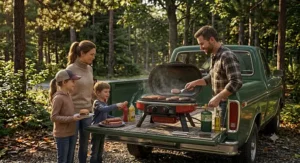 Family enjoying a campground cookout using a portable gas grill set up on a pickup truck tailgate.