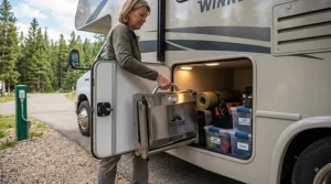 Lightweight foldable portable grill being easily loaded into an RV basement storage compartment for road trips.