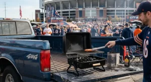 Foldable portable charcoal grill resting on the open bed of a pickup truck at a tailgate event