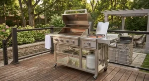 Freestanding stainless steel cart grill with an integrated infrared side burner parked on a suburban deck