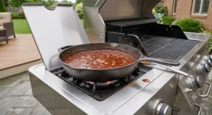 Simmering barbecue sauce in a cast iron skillet on a gas grill side burner