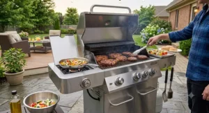 Sautéing vegetables on a gas grill side burner while grilling burgers on main burners