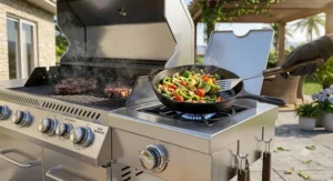 Sauteing fresh vegetables in a cast iron skillet on a gas grill side burner