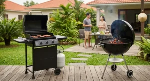 Side-by-side comparison of a gas grill under $300 and a traditional kettle charcoal grill in a suburban yard.