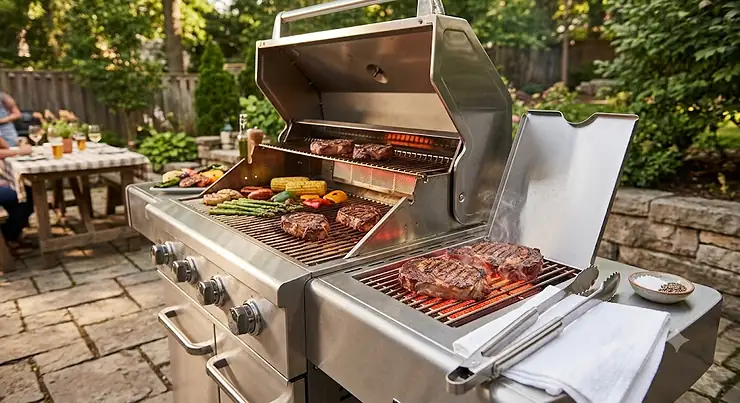 Stainless steel gas grill with high heat infrared side burner searing steaks on a backyard patio