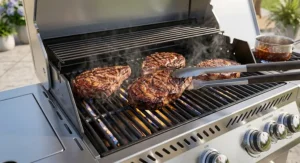 Thick ribeye steaks searing on the main grates of a liquid propane gas grill with side burner