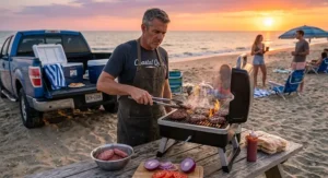Grill master cooking beef patties on a small gas grill during a coastal sunset tailgate