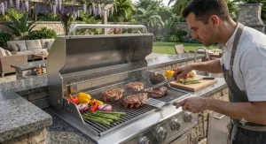 Chef cooking steaks and vegetables on a high-performance natural gas grill in an outdoor kitchen setting.