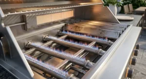 Close-up view of heavy-duty cast stainless steel burners inside a natural gas built-in grill for optimal heat distribution.