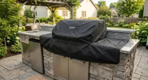 Black waterproof grill cover fitted over a 4 burner gas grill with side burner outdoors