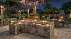 Illuminated natural gas grill with control knob LED lights in an outdoor kitchen at night.