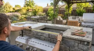 Illustration showing how to measure and place a built-in grill insert into an outdoor kitchen frame.