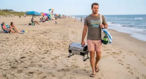 Person carrying a lightweight portable gas grill across the beach using the side handle