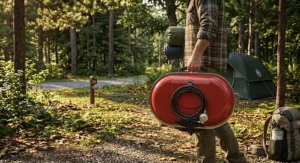 Lightweight portable gas grill for camping folded down with a built-in handle for easy carrying to the campsite.