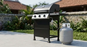 Liquid propane gas grill under $300 connected to a standard 20-pound propane tank outdoors.