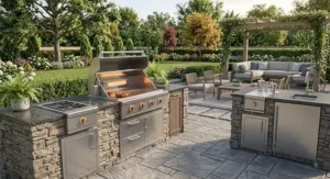 Luxury American backyard patio setup with a built-in gas grill, access drawers, and integrated side burner.