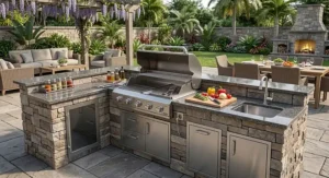 Modern outdoor kitchen layout featuring a premium natural gas grill, prep sink, and stainless steel storage drawers.