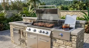 A built-in natural gas grill with side burner integrated into a stone outdoor kitchen island