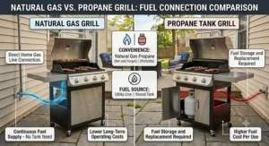 Comparison chart illustrating natural gas grills connected to home gas lines versus propane tank grills.