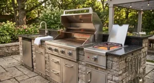 Modern outdoor kitchen island featuring a built in propane grill with an infrared side burner