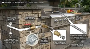 Diagram showing the natural gas line connection and shut-off valve for an outdoor kitchen grill.