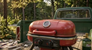 Closed lid of a portable gas grill for camping showing an integrated hood thermometer and stay-cool handle.