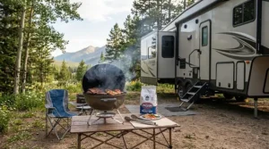 Compact portable charcoal grill smoking meats on a folding table beside a fifth-wheel trailer.