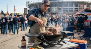 Grill master searing thick steaks on a portable grill during a game day tailgating celebration