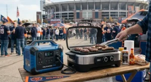 Smokeless portable electric grill connected to a power station on a tailgate table