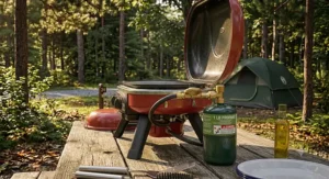 Small green 1lb propane tank connected to a portable gas grill for camping.