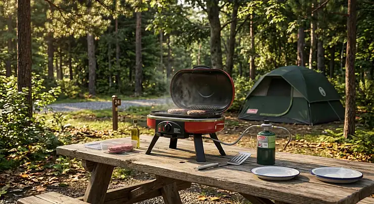 Compact portable gas grill for camping set up on a wooden campsite picnic table with trees in the background.