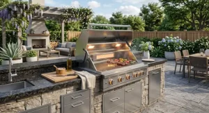 Premium 36-inch built-in propane gas grill with open lid showing stainless steel grates and interior halogen grill lights.