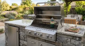 Propane built-in grill insert with open lid showing cooking grates on a suburban backyard patio.