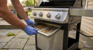 Demonstration of pulling out the removable grease drip pan for easy cleaning on a natural gas grill.