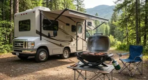 Portable gas grill connected to a small propane tank beside a parked camper RV.