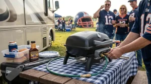 Portable grill connected directly to an RV quick-connect propane line during an outdoor tailgating session.