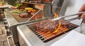Thick ribeye steak getting a restaurant quality sear on an infrared side burner