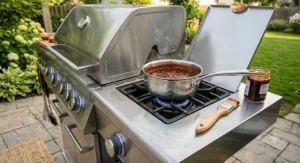 Simmering barbecue sauce in a saucepan on the active side burner of a gas grill