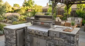 Compact outdoor kitchen layout with a built-in grill insert designed for a small backyard deck.