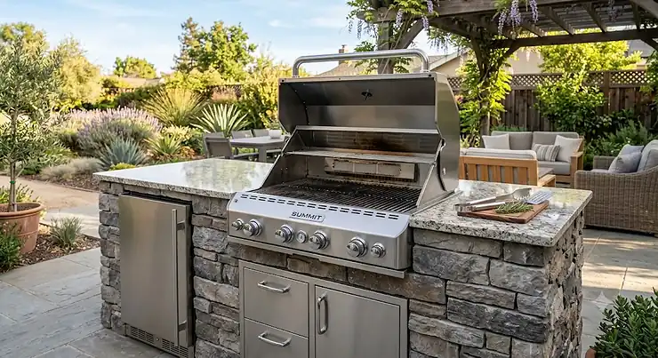 A modern outdoor kitchen featuring a premium stainless steel built-in grill insert installed in a stone island.